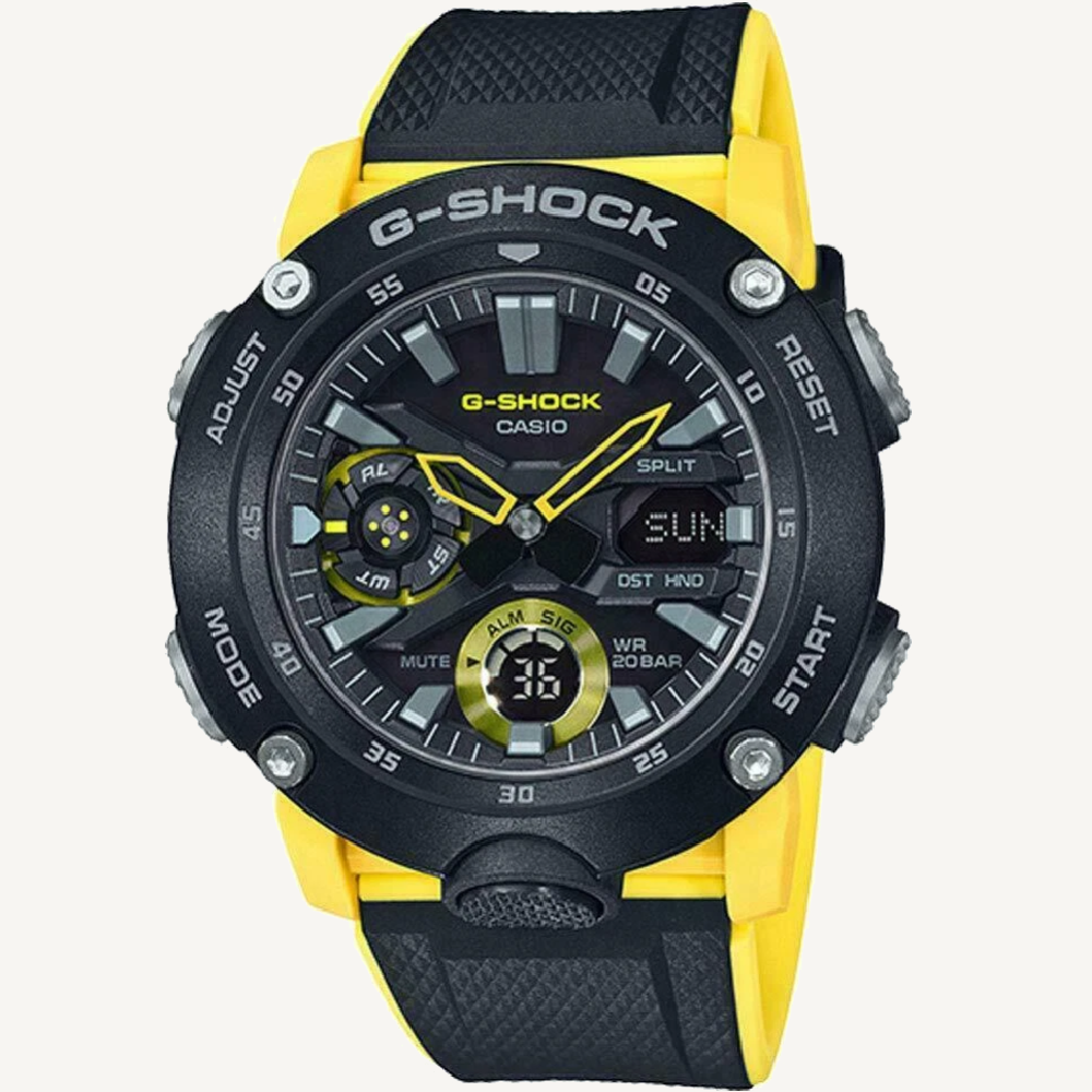 Casio G-Shock GA2000-1A9 black and yellow analog watch