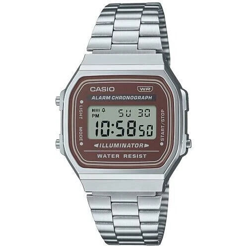 Casio A168WA-5A Vintage Digital Watch Brown Dial Silver Stainless Steel