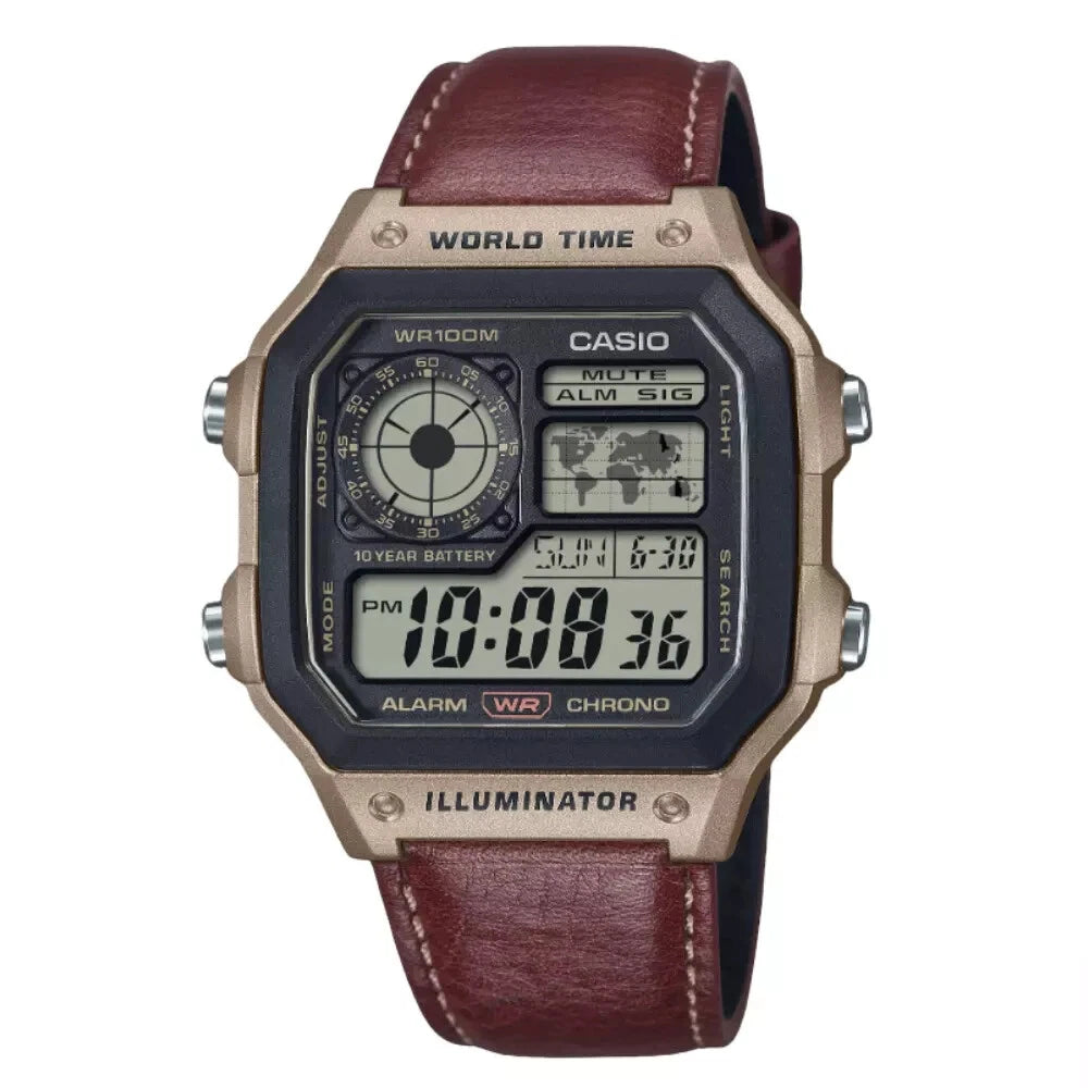 Casio AE1200WHL-5A World Time Digital Leather Watch Gold Tone