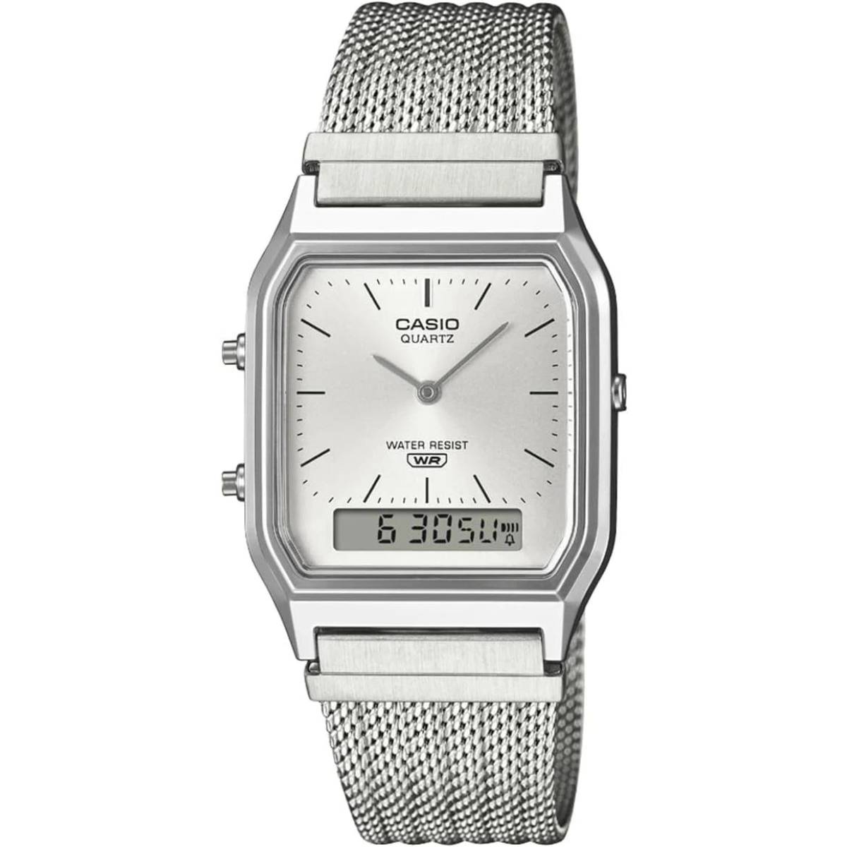 Casio AQ230EM-7A Vintage Analog Digital Watch Silver Dial Stainless Steel Mesh