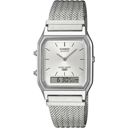Casio AQ230EM-7A Vintage Analog Digital Watch Silver Dial Stainless Steel Mesh