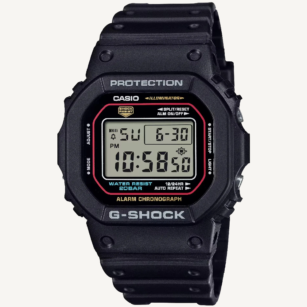 Casio G-Shock DW5600RL-1D black square digital watch with red blue and yellow accents