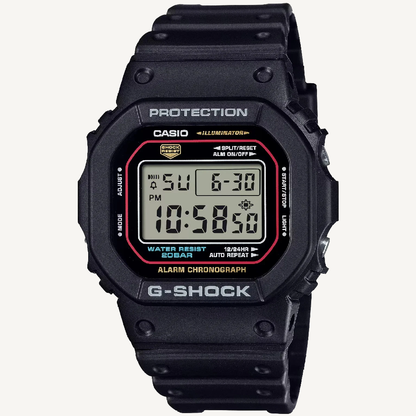 Casio G-Shock DW5600RL-1D black square digital watch with red blue and yellow accents