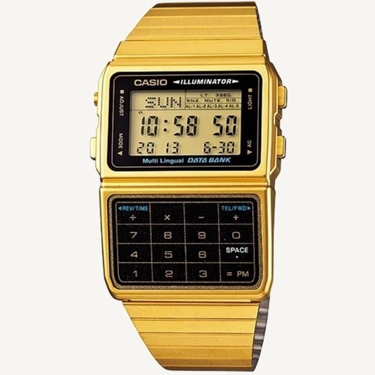 Casio DBC611G-1D Databank Gold Calculator Digital Watch Black Dial