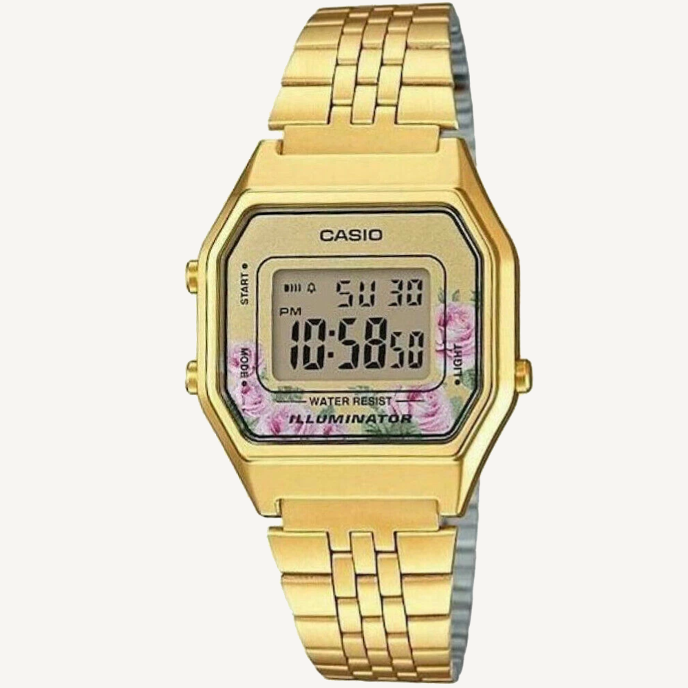 Casio Vintage LA680WGA-4C Gold Digital Watch with Floral Dial