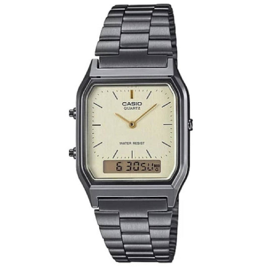 Casio AQ230GG-9A Vintage Analog Digital Watch Gold Dial Gunmetal Stainless Steel