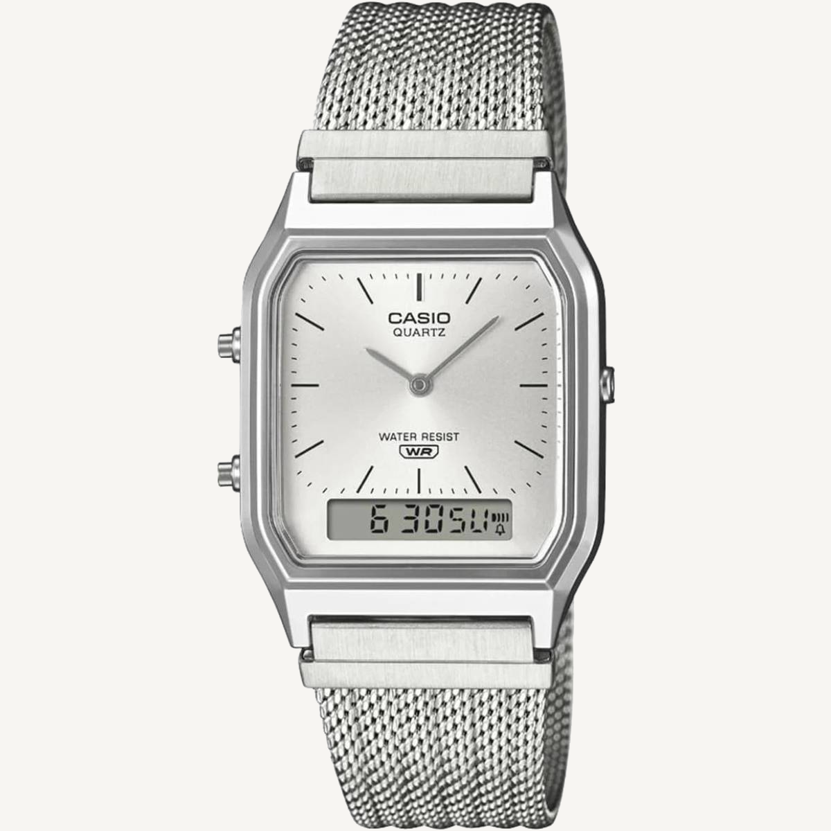 Casio AQ230EM-7A Vintage Analog Digital Watch Silver Dial Stainless Steel Mesh