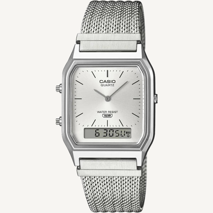 Casio AQ230EM-7A Vintage Analog Digital Watch Silver Dial Stainless Steel Mesh