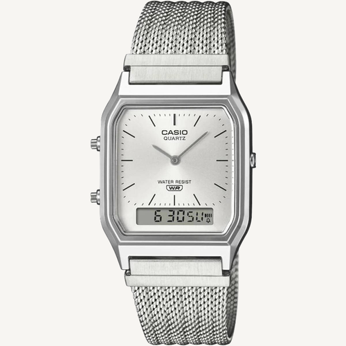Casio AQ230EM-7A Vintage Analog Digital Watch Silver Dial Stainless Steel Mesh