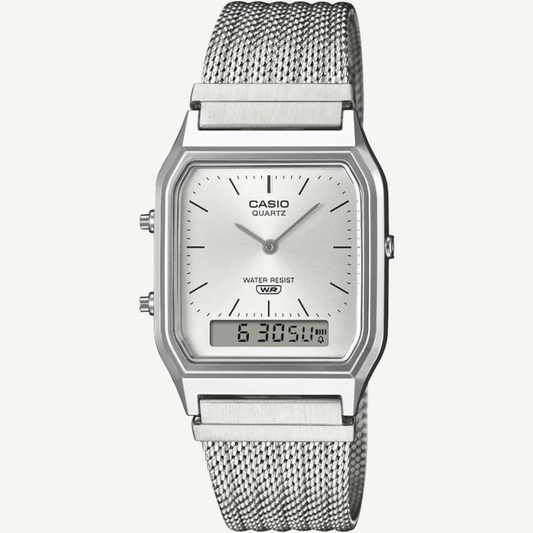 Casio AQ230EM-7A Vintage Analog Digital Watch Silver Dial Stainless Steel Mesh