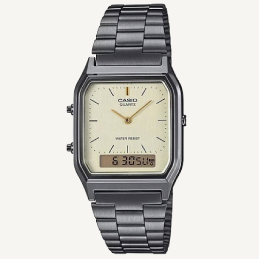 Casio AQ230GG-9A Vintage Analog Digital Watch Gold Dial Gunmetal Stainless Steel