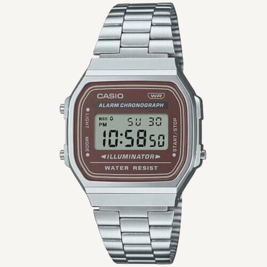 Casio A168WA-5A Vintage Digital Watch Brown Dial Silver Stainless Steel