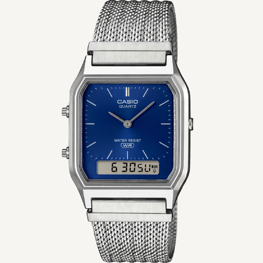 Casio AQ230EM-2A Vintage Analog Digital Watch Blue Dial Stainless Steel
