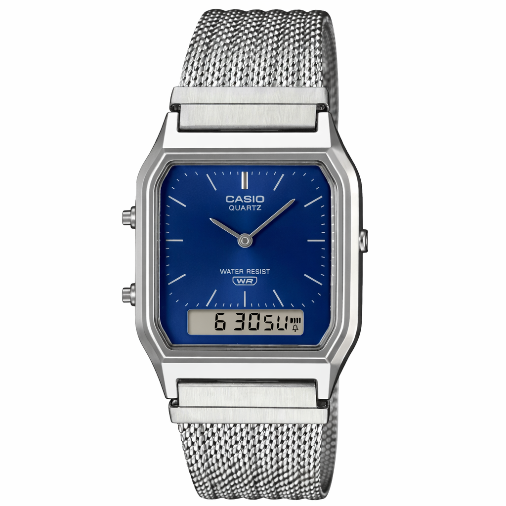 Casio AQ230EM-2A Vintage Analog Digital Watch Blue Dial Stainless Steel