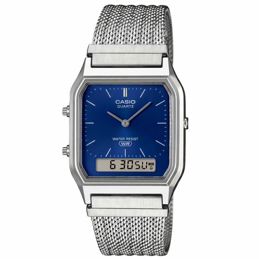 Casio AQ230EM-2A Vintage Analog Digital Watch Blue Dial Stainless Steel